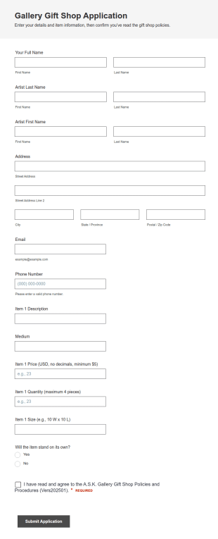 Gallery Gift Shop Application Form Template