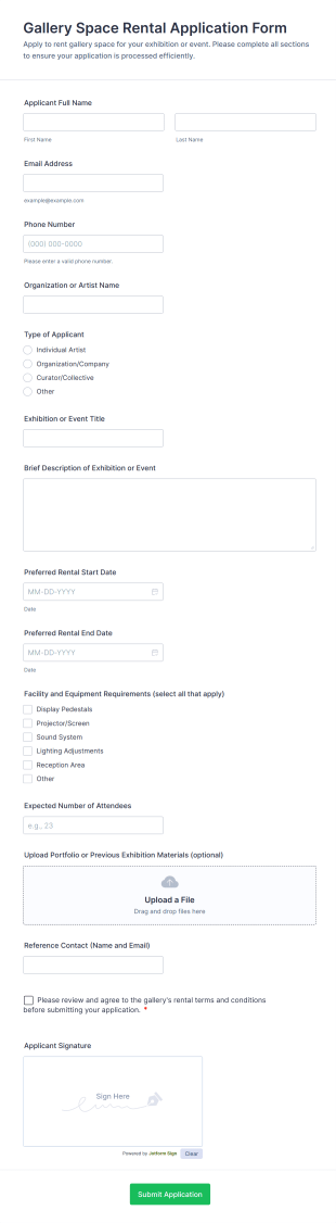 Gallery Space Rental Application Form Template