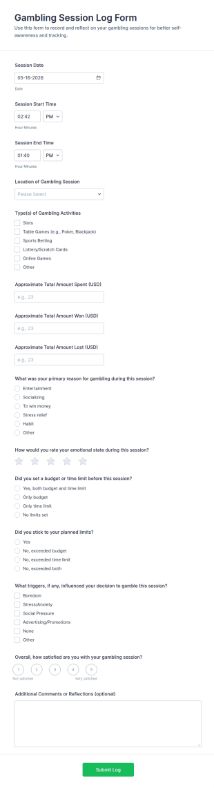 Gambling Session Log Form Template
