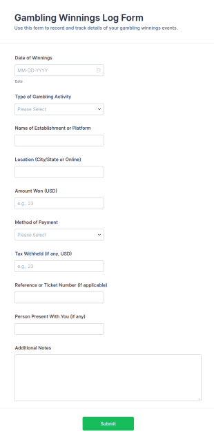 Gambling Winnings Log Form Template