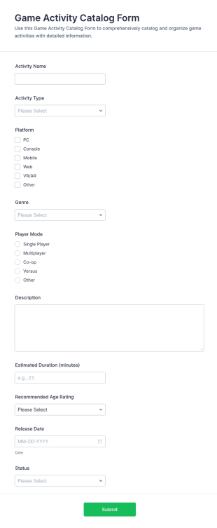 Game Activity Catalog Form Template
