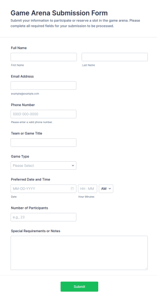 Game Arena Submission Form Template