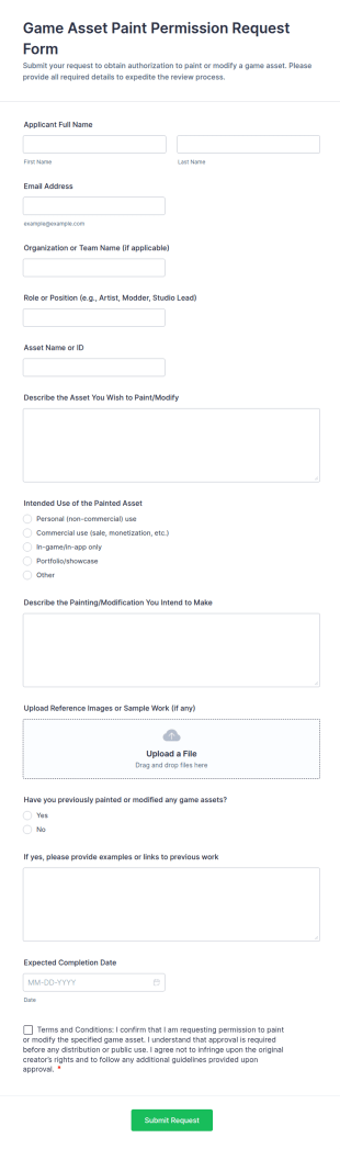 Game Asset Paint Permission Request Form Template