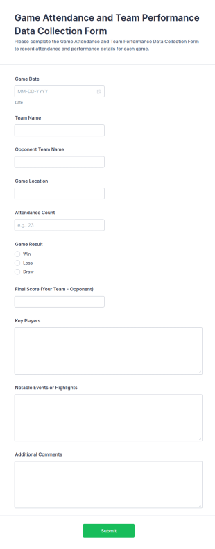 Game Attendance And Team Performance Data Collection Form Template