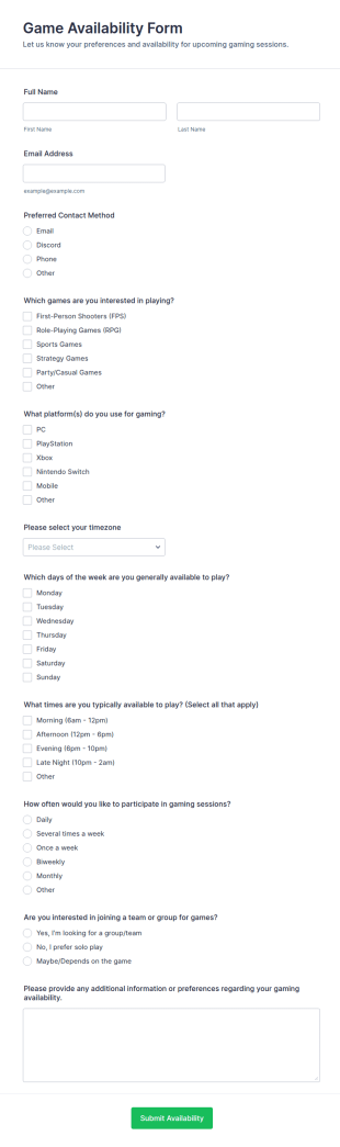 Game Availability Form Template