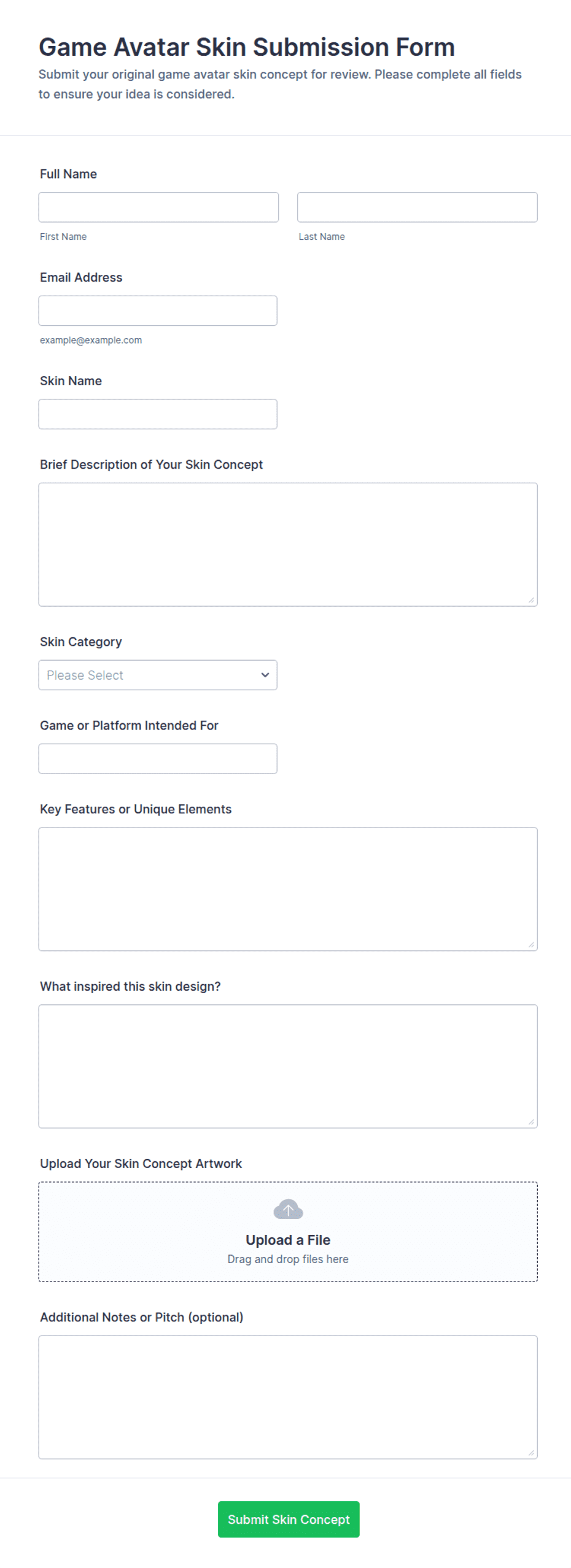 Game Avatar Skin Submission Form Template | Jotform