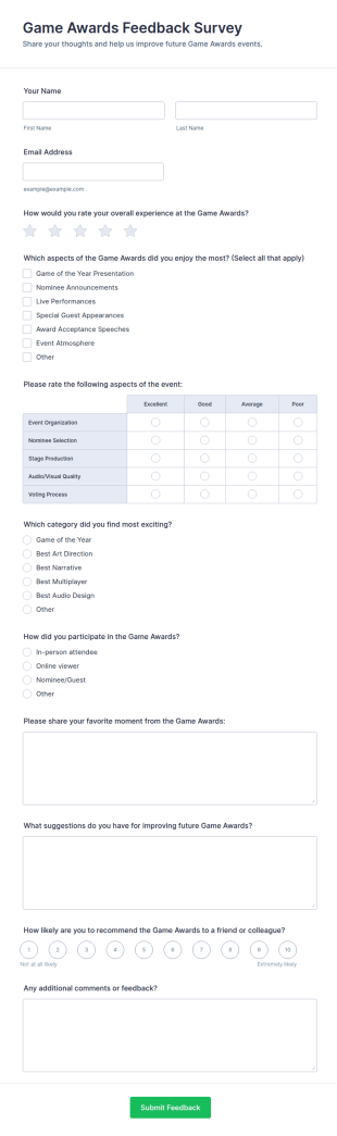 Game Awards Feedback Survey Form Template