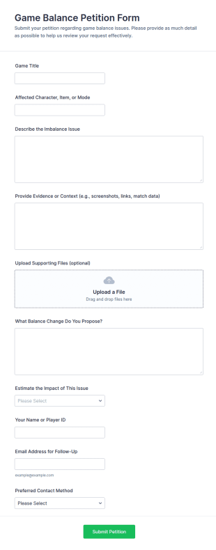 Game Balance Petition Form Template