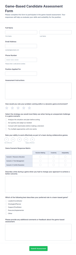Game Based Candidate Assessment Form Template