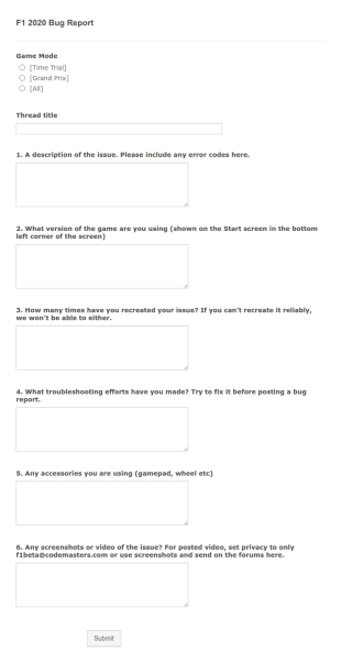 Game Bug Report Form Template