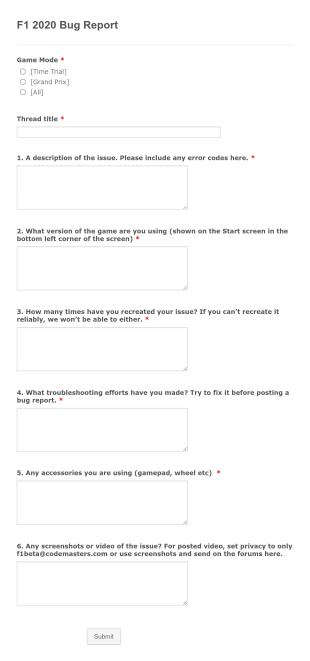 Game Bug Report Form Template