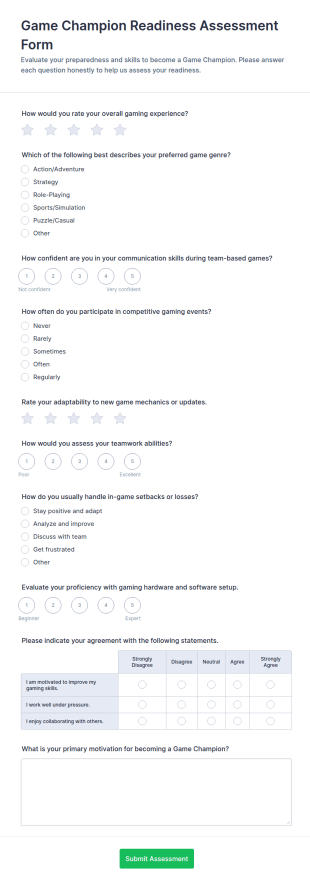 Game Champion Readiness Assessment Form Template