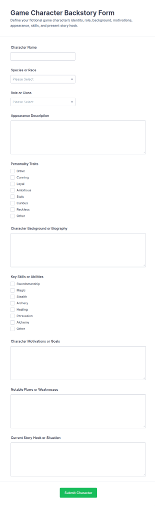 Game Character Backstory Form Template