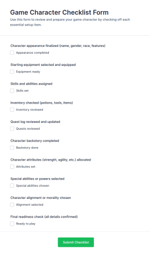 Game Character Checklist Form Template