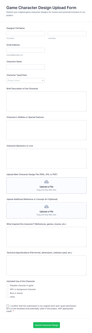 Game Character Design Upload Form Template