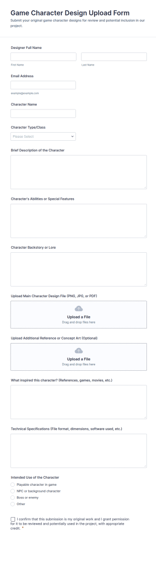 Game Character Design Upload Form Template