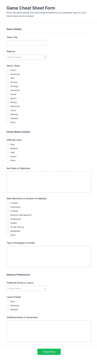 Game Cheat Sheet Form Template