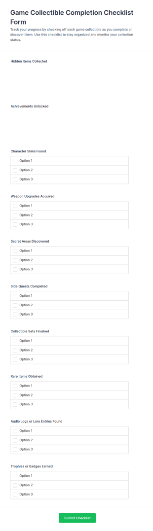 Game Collectible Completion Checklist Form Template