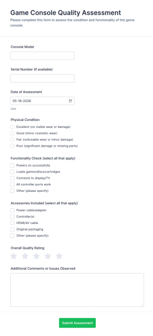 Game Console Quality Assessment Form Template
