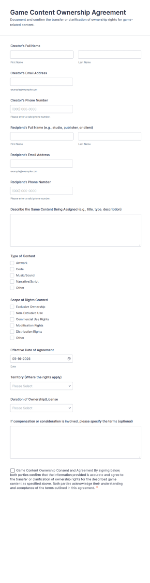 Game Content Ownership Agreement Form Template