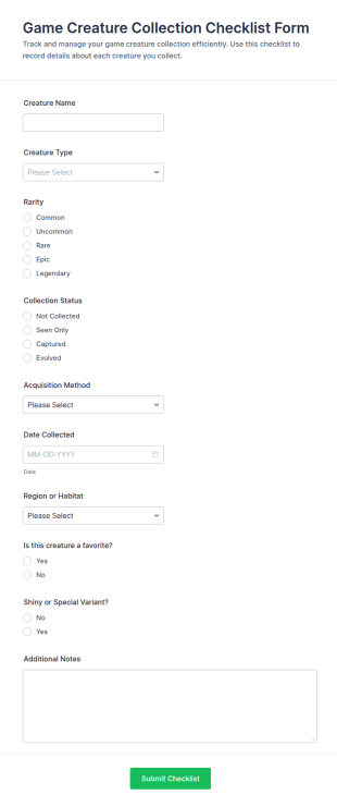 Game Creature Collection Checklist Form Template