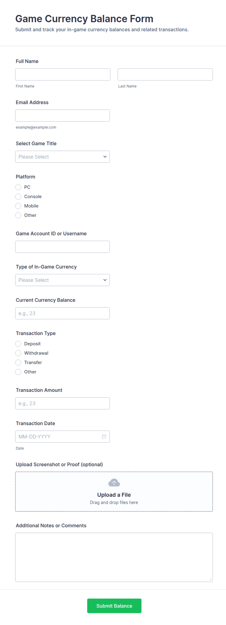 Game Currency Balance Form Template | Jotform