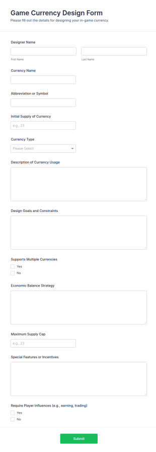 Game Currency Design Form Template
