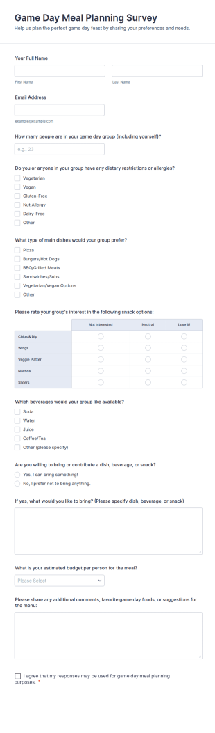 Game Day Meal Planning Survey Form Template