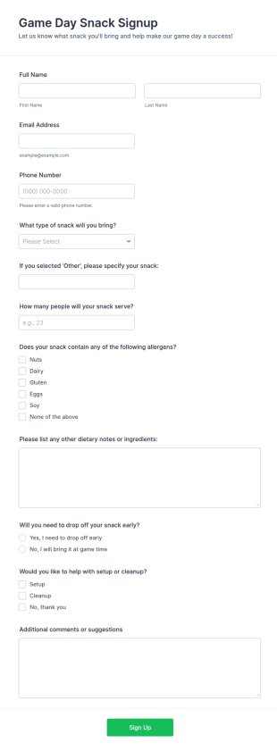 Game Day Snack Signup Form Template
