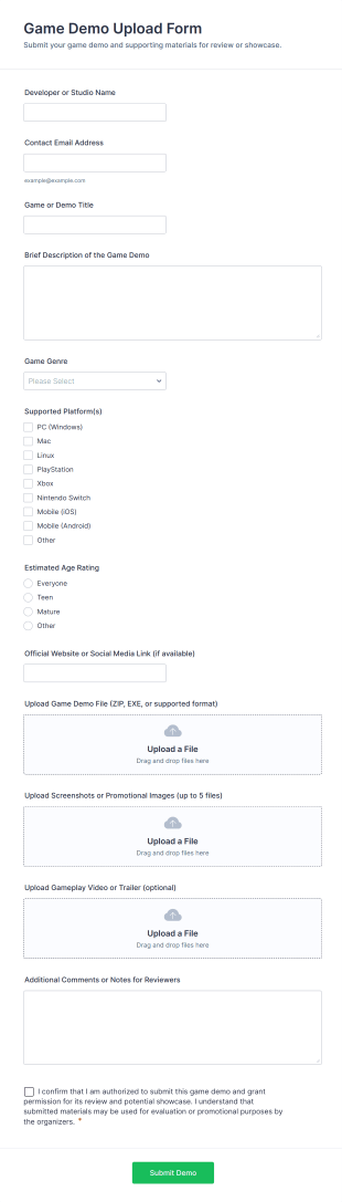 Game Demo Upload Form Template
