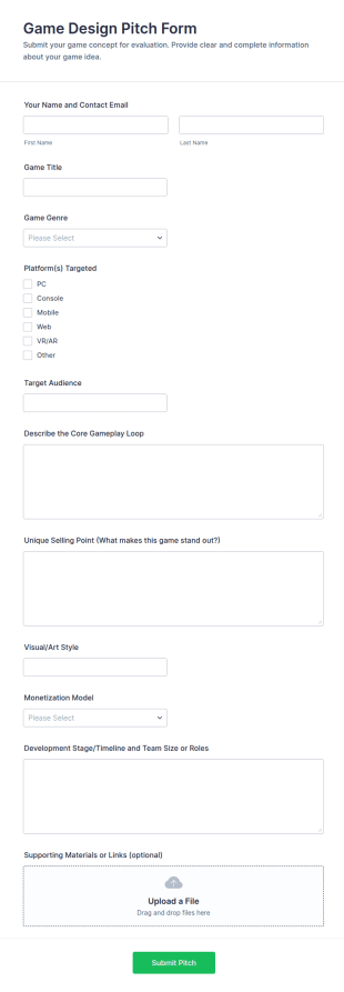Game Design Pitch Form Template