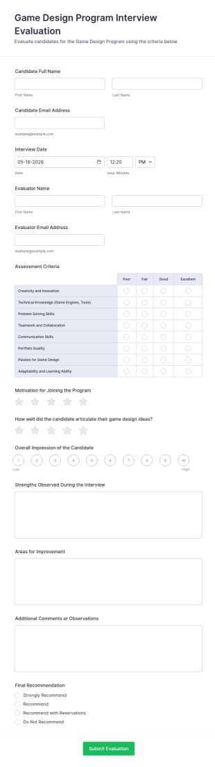 Game Design Program Interview Evaluation Form Template