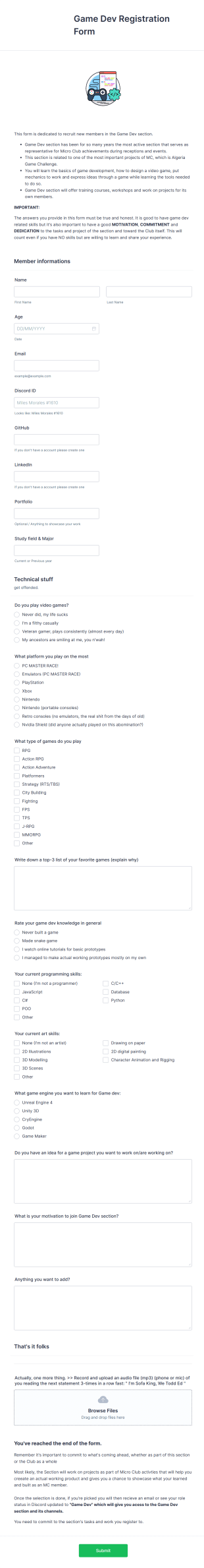 Game Dev Club Registration Form Template