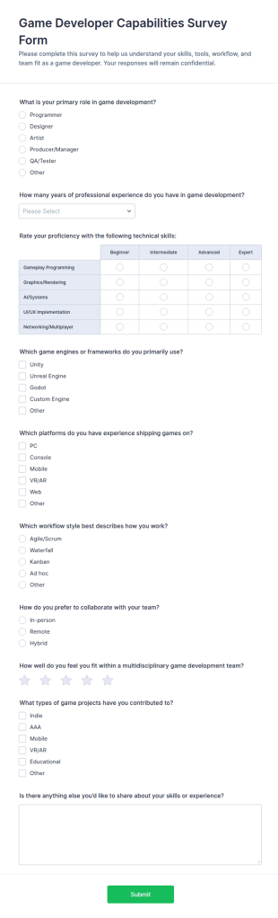 Game Developer Capabilities Survey Form Template