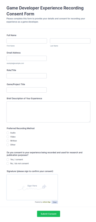 Game Developer Experience Recording Consent Form Template