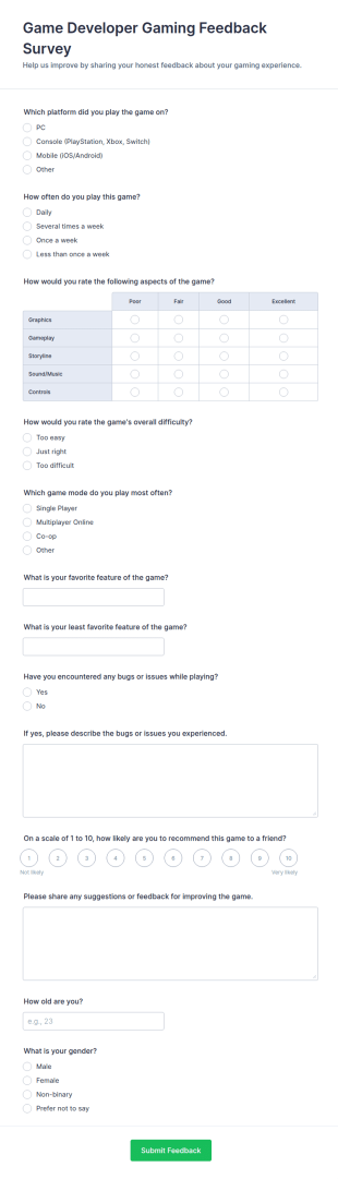 Game Developer Gaming Feedback Survey Form Template