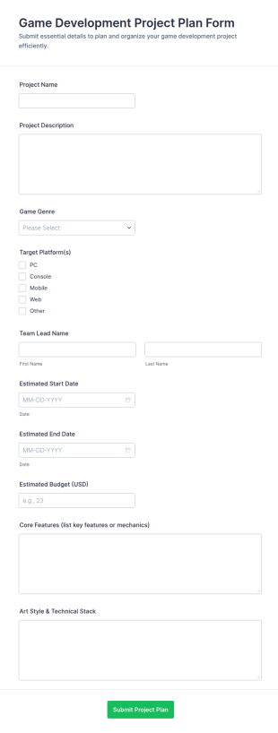 Game Development Project Plan Form Template