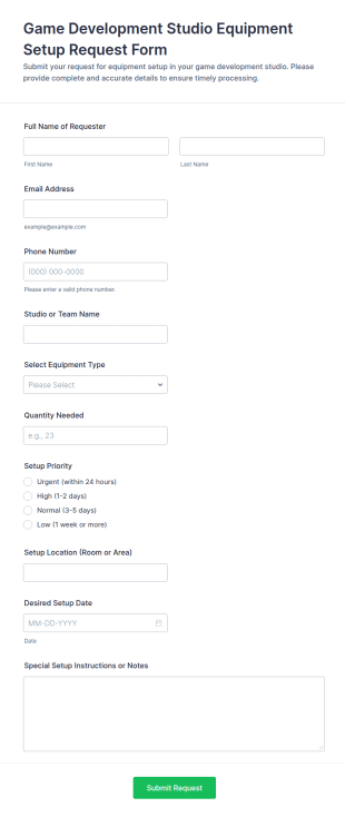 Game Development Studio Equipment Setup Request Form Template