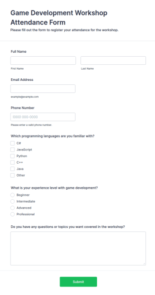 Game Development Workshop Attendance Form Template