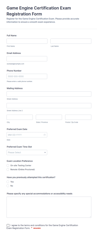 Game Engine Certification Exam Registration Form Template