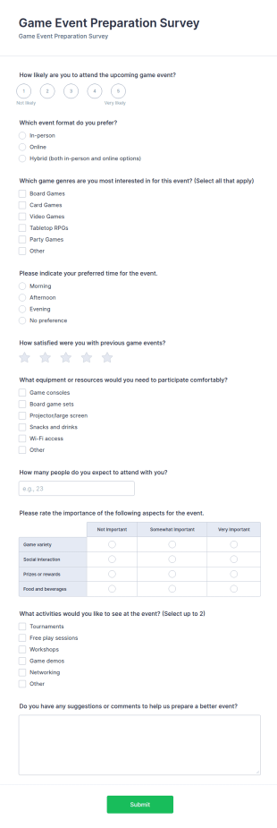 Game Event Preparation Survey Form Template