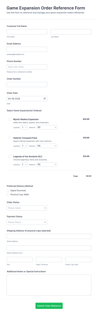 Game Expansion Order Reference Form Template