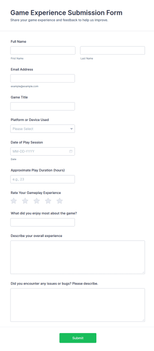 Game Experience Submission Form Template