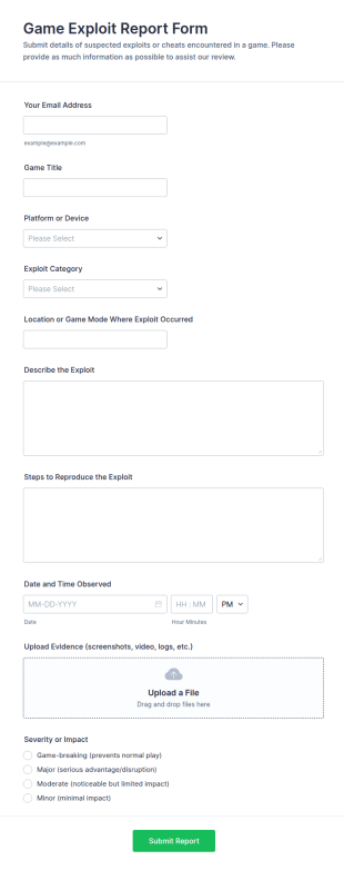 Game Exploit Report Form Template