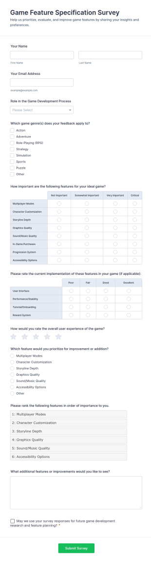 Game Feature Specification Survey Form Template