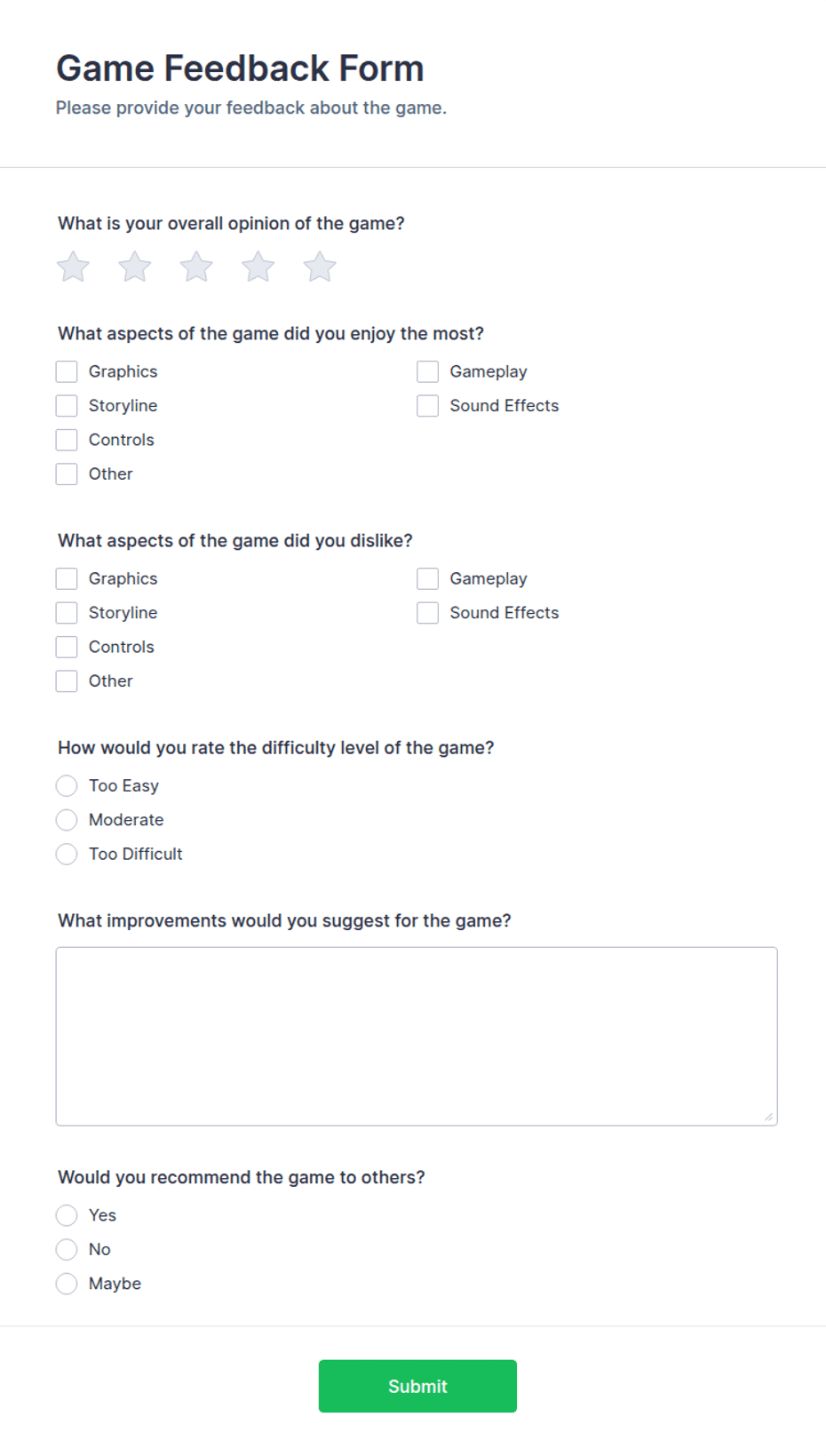 Game Feedback Questionnaire Game Feedback Form Template | Jotform