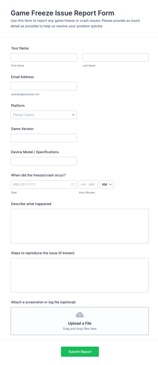 Game Freeze Issue Report Form Template
