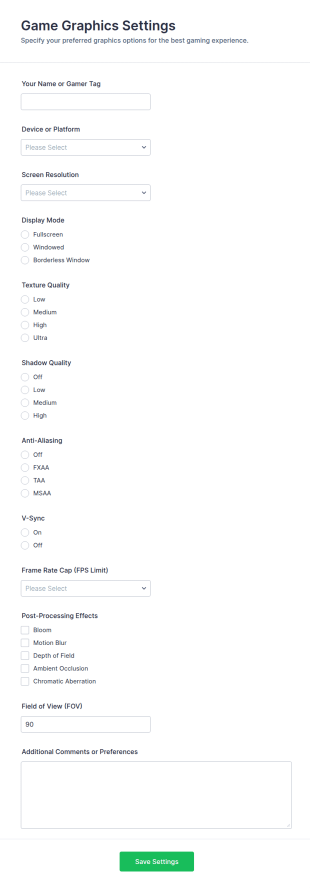 Game Graphics Settings Form Template