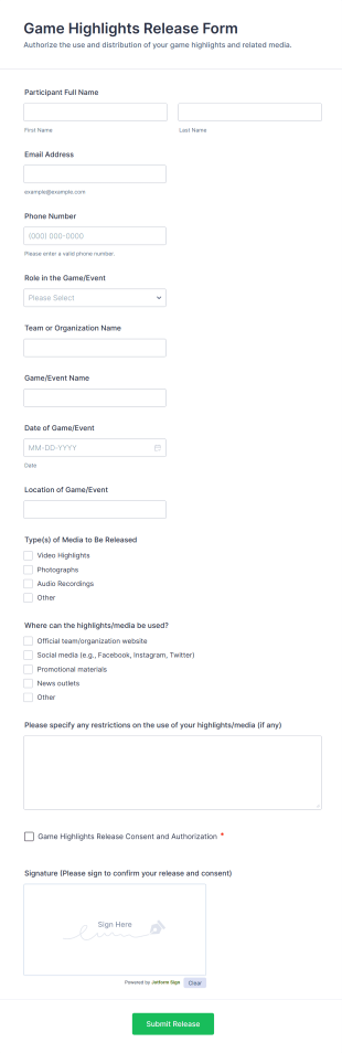 Game Highlights Release Form Template