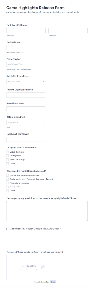 Game Highlights Release Form Template